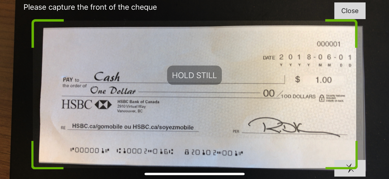 Image reference on how to deposit a cheque: Take a photo of the front of the cheque.